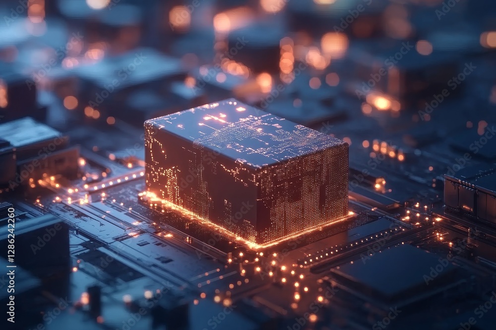 Poster a glowing microchip on a circuit board with intricate designs and vibrant lights.