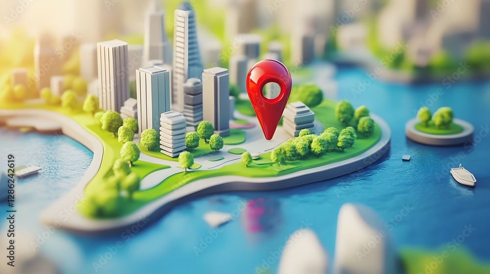 Aufkleber digital map landscape with city skyline and navigational location marker pin representing urban plan