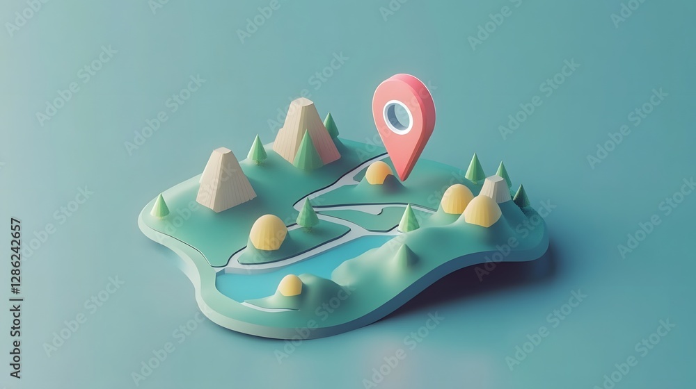 Poster digital map location marker icon on a minimalist geometric mountain and landscape background represe