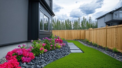 Modern Backyard Landscaping with Patio and Flowers