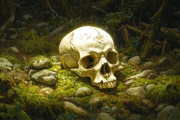 A haunting image of a human skull resting among rocks and vibrant green moss in a forest setting, evoking a sense of mystery and mortality.