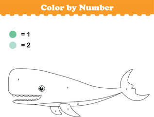 Color by numbers. Coloring page for kids. Coloring with cute sperm whale. Vector illustration