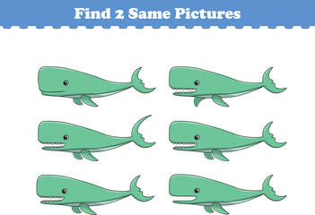 Funny cartoon sperm whale. Find two same pictures. Educational game for children. Cartoon vector illustration