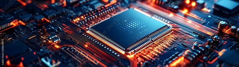 Poster Futuristic circuit board with microchip and digital technology elements  Closeup view of electronic hardware semiconductor and computer components on a technological background