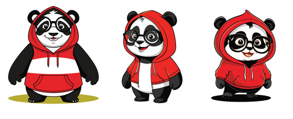 The Panda Posse in Scarlet Hoodies: A Trio of Bear Cubs Sporting Stylish Red Outerwear and Quirky Eyewear. © SHEKMDABDUL