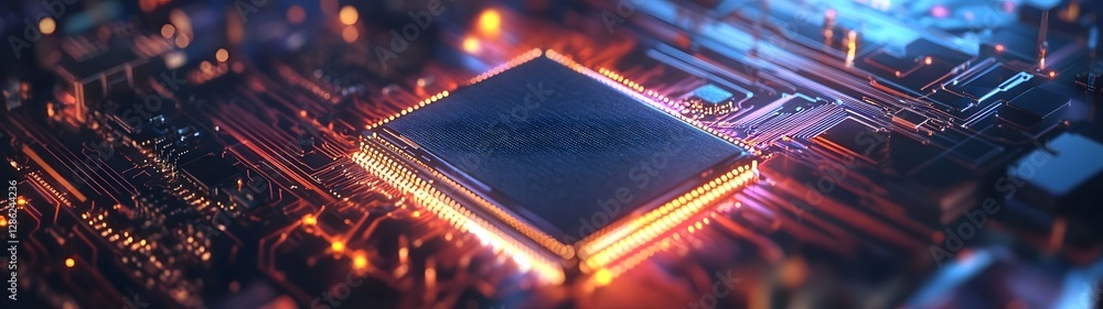 Poster Futuristic circuitry with microchips processors and electronic components on a high tech motherboard backdrop  Abstract digital technology concept with innovation engineering