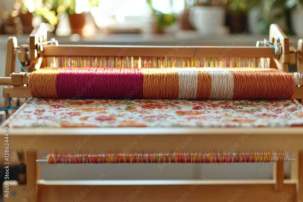 Aufkleber close-up of a weaving loom with colorful threads, demonstrating the intricate art of textile creatio