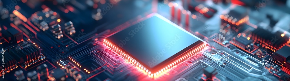 Poster Futuristic computer circuit board with glowing microchips processors and electronic components  High tech digital technology engineering and innovation background