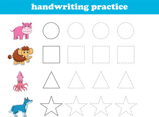 Handwriting Practice. Tracing lines of different shape for kids with animals. Vector Illustration