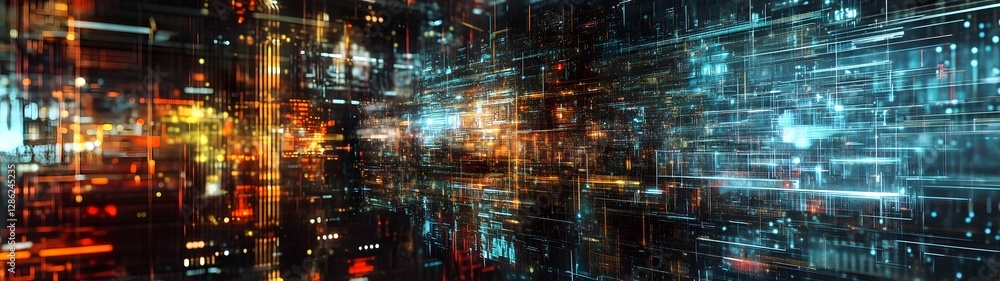 Poster Futuristic cityscape with a stunning display of neon lights digital data and advanced technological elements  The image showcases a visually captivating and imaginative urban landscape of the future