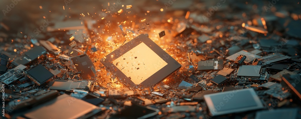Poster landfill and decomposition concept, exploding microchip surrounded by debris, showcasing technology 
