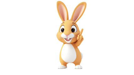 Fototapeta premium Cartoon bunny character with a cheerful expression and raised finger standing against a plain background