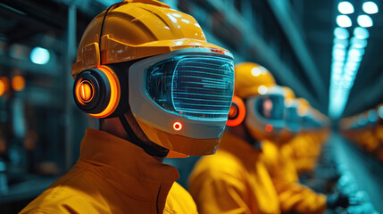 A futuristic smart factory where assembly line workers wear AI-assisted headsets