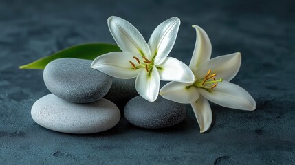 Fototapeta premium Tranquil spa setting featuring smooth stones and elegant white lilies, creating a serene atmosphere for relaxation.