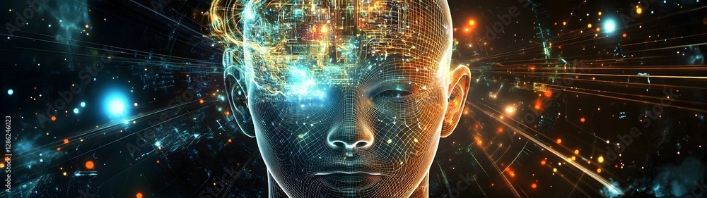 Poster Futuristic cyborg digital portrait immersed in a glowing abstract cosmic landscape filled with luminous energy binary codes and data connections