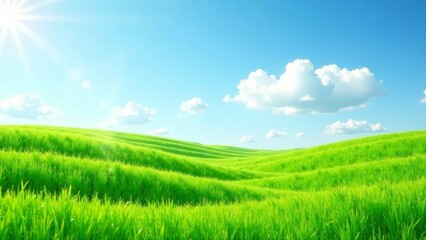 Fototapeta premium Serene landscape of rolling green hills under a vibrant summer sky, bathed in sunlight and dotted with fluffy white clouds.