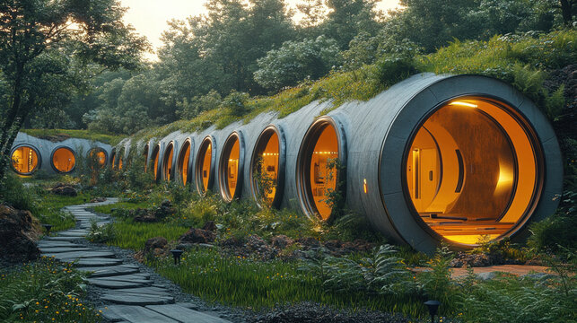 A futuristic underground shelter construction site using prefabricated modular sections