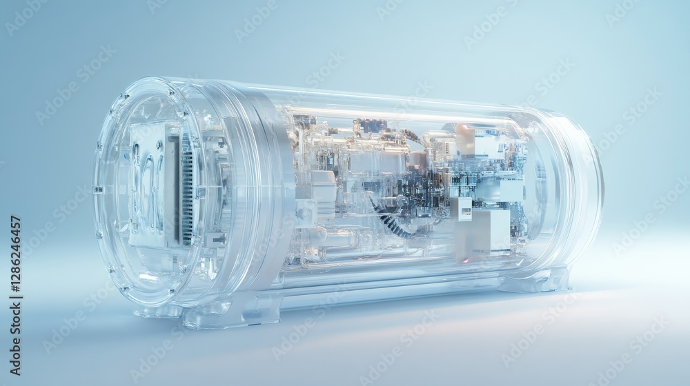 Aufkleber futuristic transparent device showcasing intricate internal components and technology.