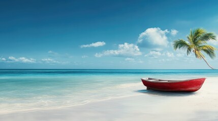 Fototapeta premium A stunning tropical beachscape shows a vibrant red boat on the sandy shore with crystal-clear water and a few white clouds embellishing the bright blue sky, offering a peaceful getaway mood.