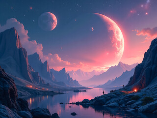 sci-fi background. mountains moon planet, fantastic background for design, posters, posters, notebooks, puzzles.