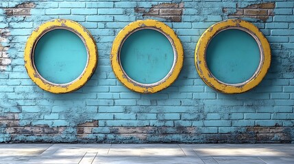 Rustic yellow portholes gleam against a faded blue brick wall creating a calm serene atmosphere. AI Generated