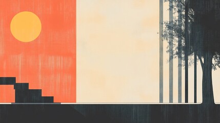 Serene minimalist landscape warm sunlight illuminates stark architecture. AI Generated