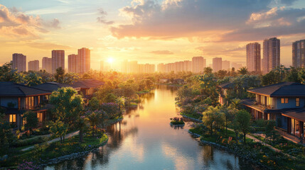 Fototapeta premium A high-tech industrial park with futuristic buildings, smart energy management, and green landscapes