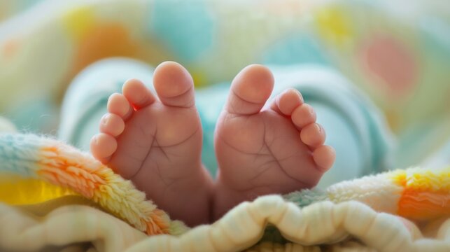 Newborn baby's delicate feet resting on a soft blanket, symbolizing the beginning of life and birth announcement, capturing the essence of new beginnings and family joy.