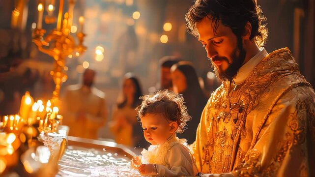 Priest performing a baptism ceremony for a baby in a warmly lit church with golden decor