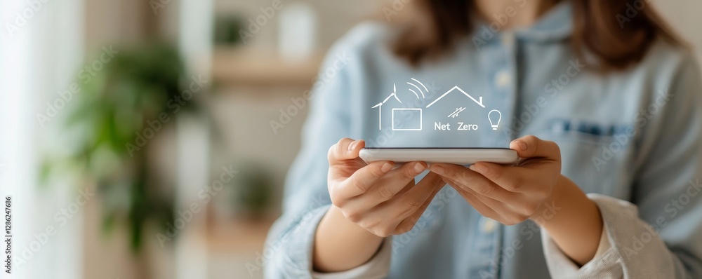 Poster net zero and transition concept, a person holds a smartphone displaying digital house icons in a bri