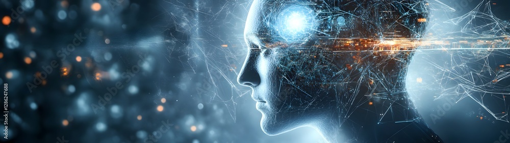 Fototapete futuristic digital depicting a stylized human brain with a glowing neural network of energy sparks a
