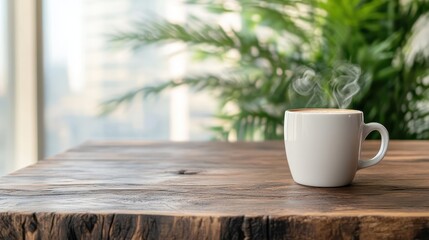 A simple white coffee mug emits steam on a bright, sunlit surface with lush greenery in the backdrop, symbolizing freshness and a blissful morning experience.
