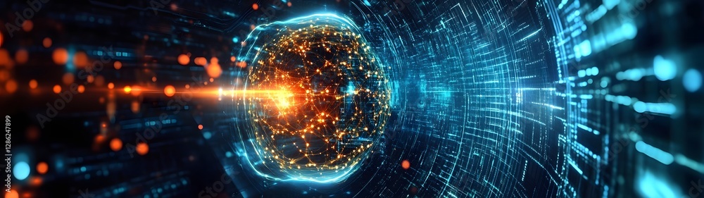 Poster Futuristic digital globe or sphere with abstract lighting particle effects and data network connections  High tech modern and intelligence inspired visualizations for technology science