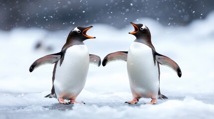 Naklejka premium Two cheerful penguins frolic in a snowy landscape, showcasing their playful nature against a backdrop of delicate snowflakes, symbolizing happiness and winter joy.