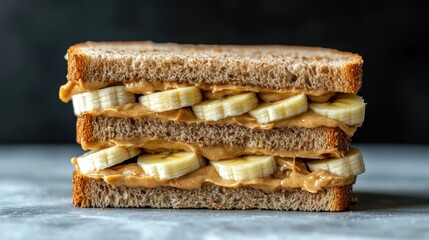 Peanut Butter & Banana Sandwich: Close-up of a classic peanut butter and banana sandwich, showcasing the simple ingredients and enticing textures. A delicious and satisfying snack or meal