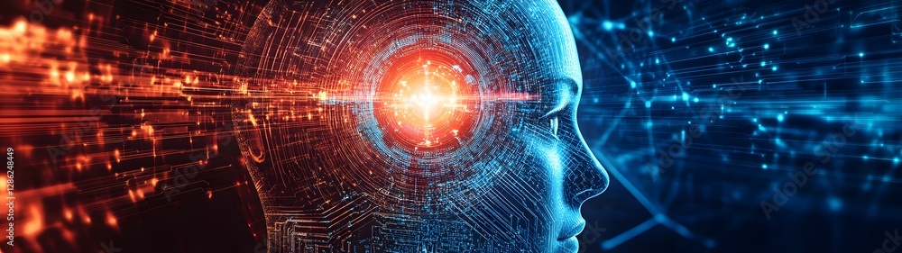 Poster Futuristic digital intelligence brain network with glowing data connections in a cosmic space backdrop representing technology innovation and the power of the mind
