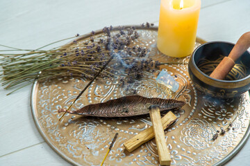 Incense sticks and yoga accessories. Selective focus.