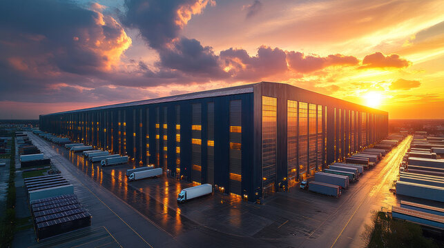 A modern industrial park with clean, organized warehouses, solar panels, and automated logistics trucks