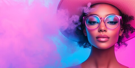 Obraz premium Young woman in red sunglasses featured in a close-up, dressed up in 80s disco style