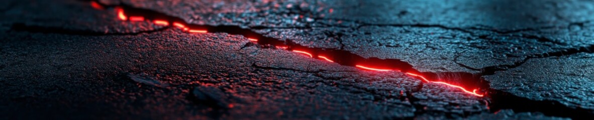 Fototapeta premium Glowing Red Crack in Dark Asphalt Creates Dramatic Visual for Destruction, Disaster, and Earthquake Themes.