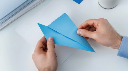 Crafting a Blue Paper Airplane: A Close-Up View of Hands Carefully Folding Paper into an Airplane Shape on a White Surface