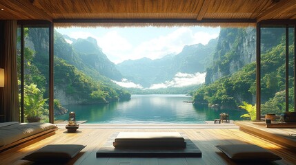 Fototapeta premium Tranquil mountain lake view from modern zen room