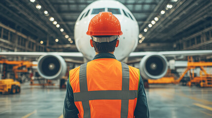 A worker in safety gear stands in front of a large airplane in a hangar, emphasizing the aviation maintenance and safety environment.