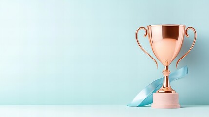 Bronze trophy with blue ribbon on light blue background symbolizing achievement and success