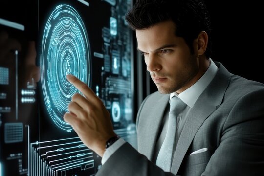 Man in Suit Interacting with Futuristic Digital Technology Display