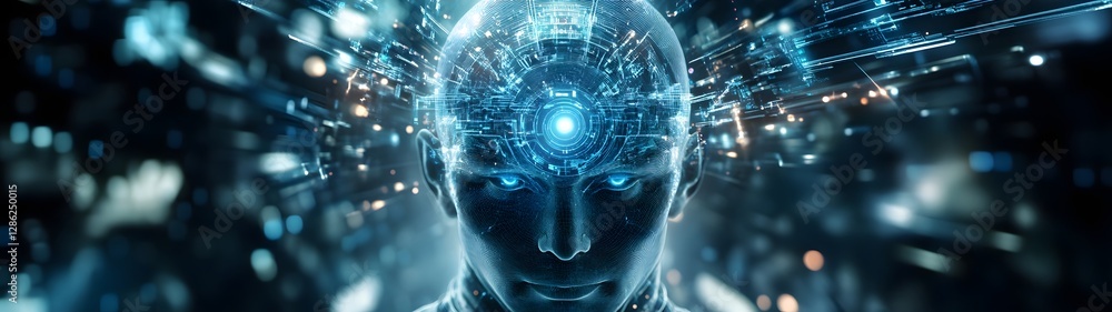 Poster Futuristic digital showcasing a cyborg like brain with a complex neural network glowing lights and abstract geometric patterns  This image represents the advancement of intelligence data processing