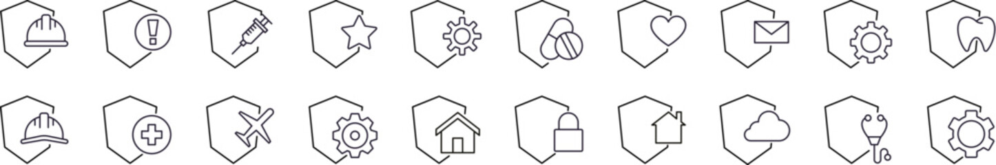 Insurance, Defence, Protection Related Image Collection. Editable Stroke. Perfect for Graphics, Designs, Books, Adverts, Apps