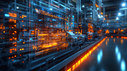 A real-time digital twin of a smart factory being analyzed on a futuristic holographic screen