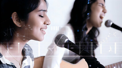 Levity and Laughter Voice Impressions concept as In still frame artist performs voice impressions under levity and laughter vocal shifts nudging quiet smiles in  Photo Stock  Concept  and empty space 