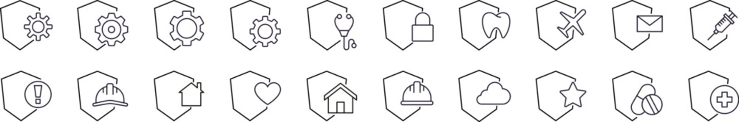 Insurance, Defence, Protection Outline Picture Collection. Editable Stroke. Perfect for Graphics, Designs, Books, Adverts, Apps